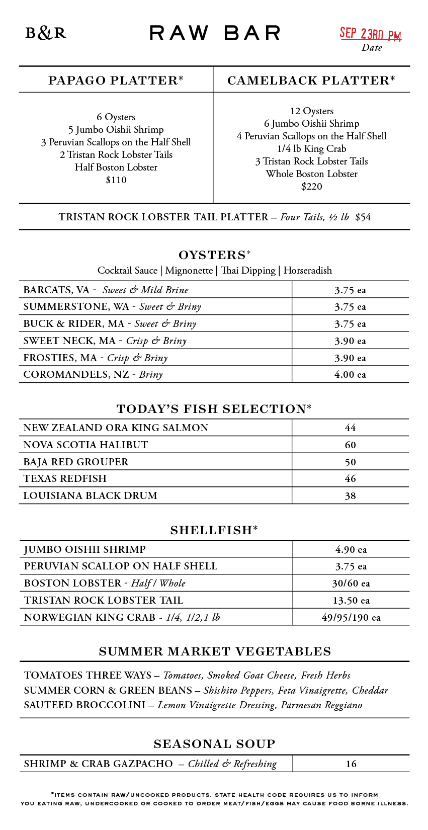 Raw Bar Menu