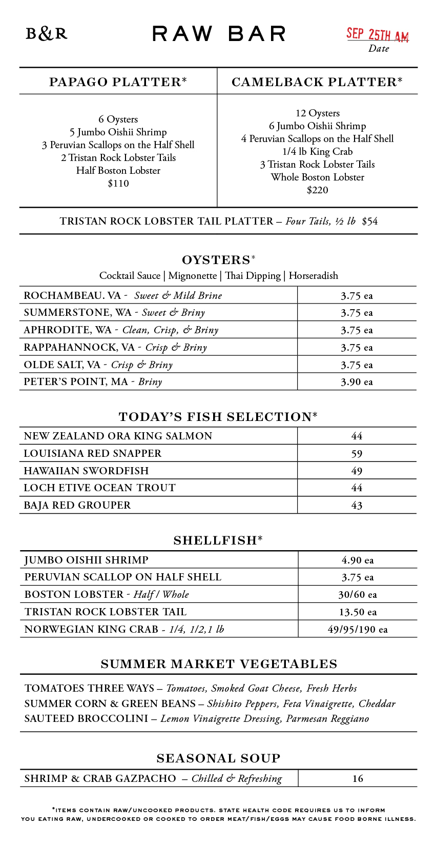 Raw Bar Menu