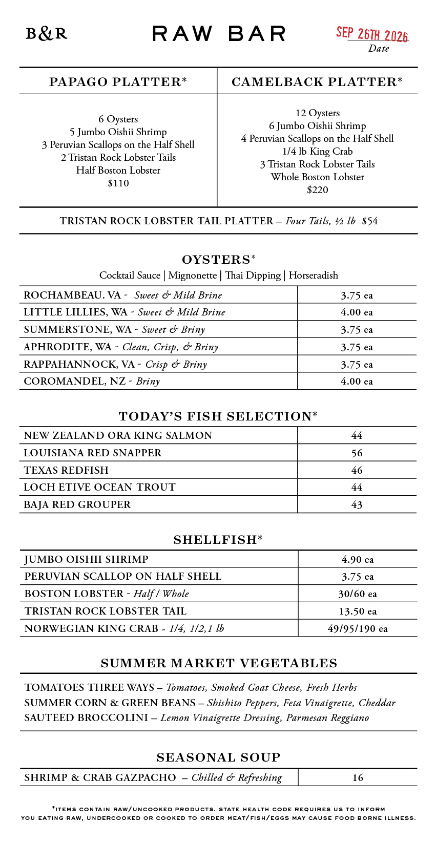 Raw Bar Menu