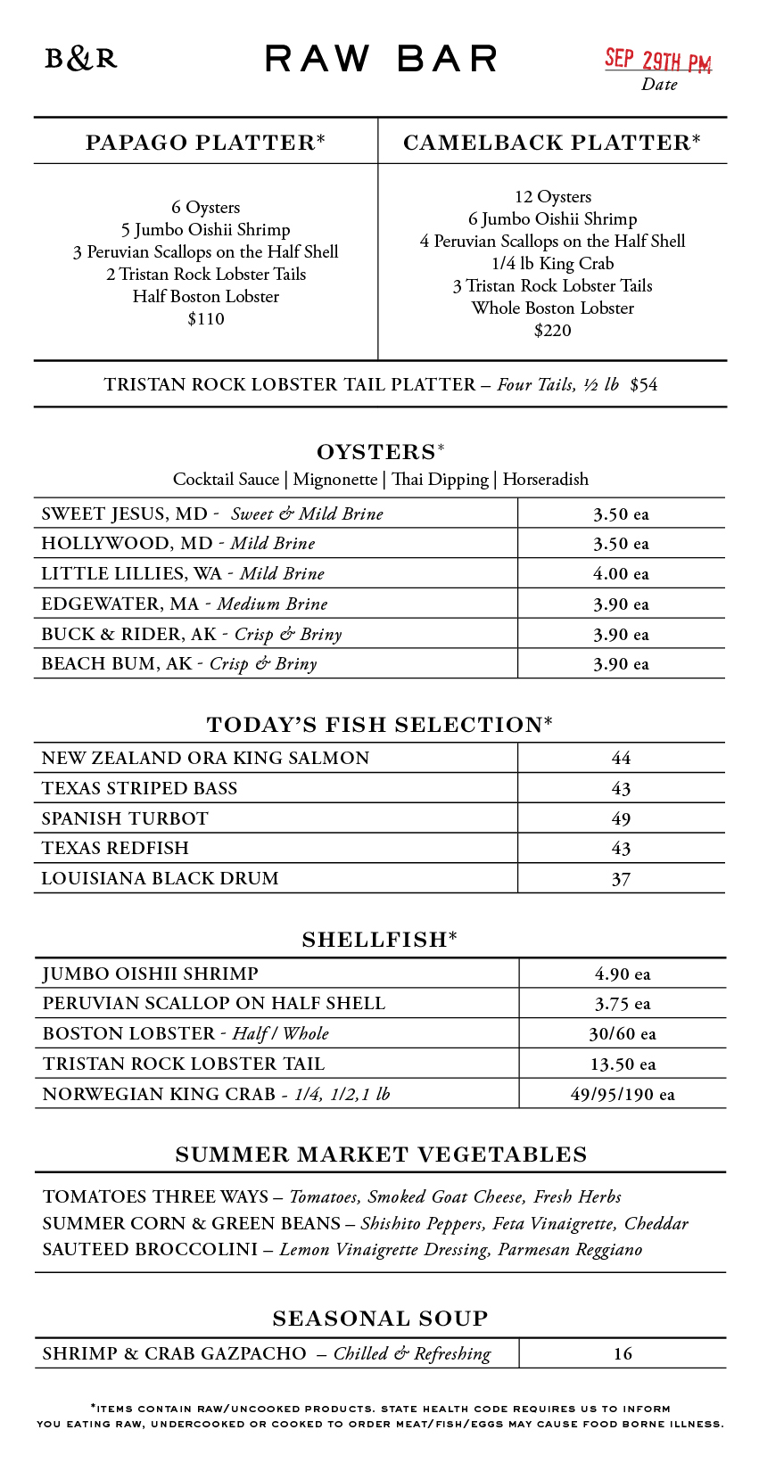 Raw Bar Menu