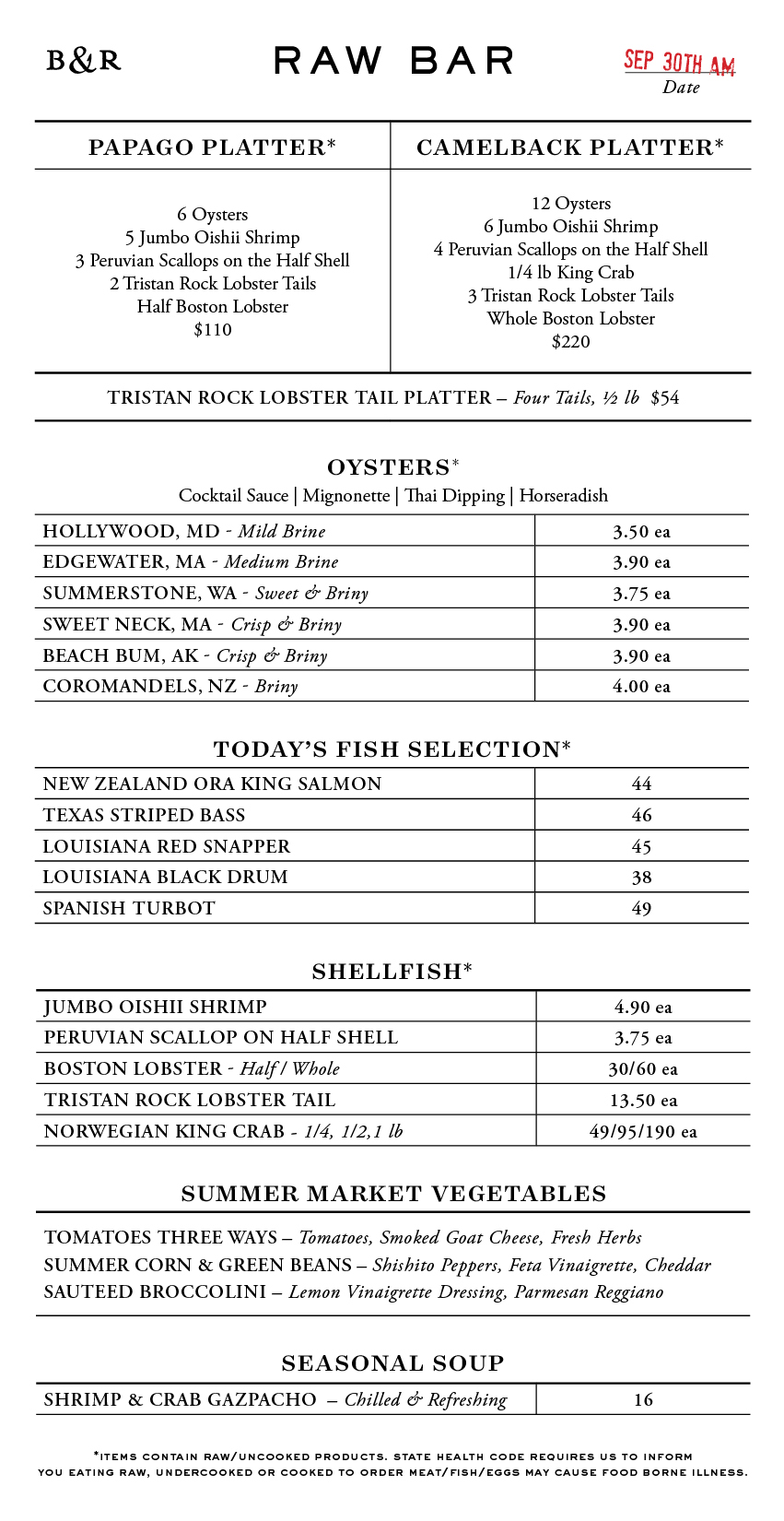 Raw Bar Menu