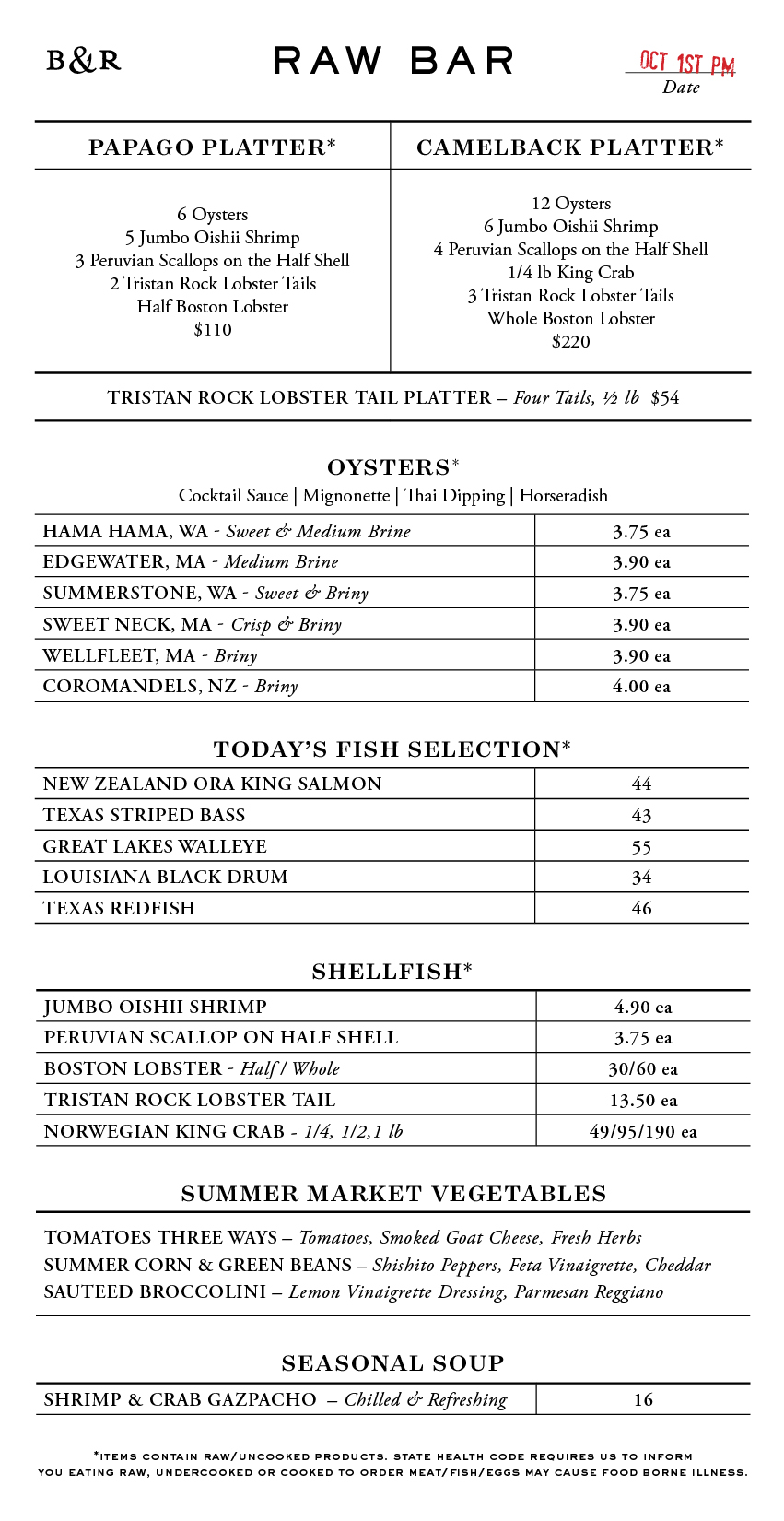 Raw Bar Menu