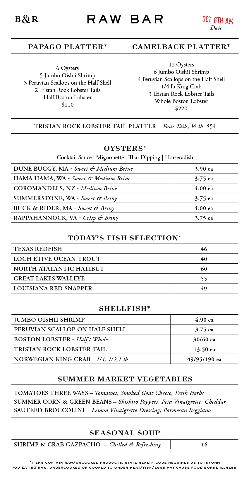 Raw Bar Menu