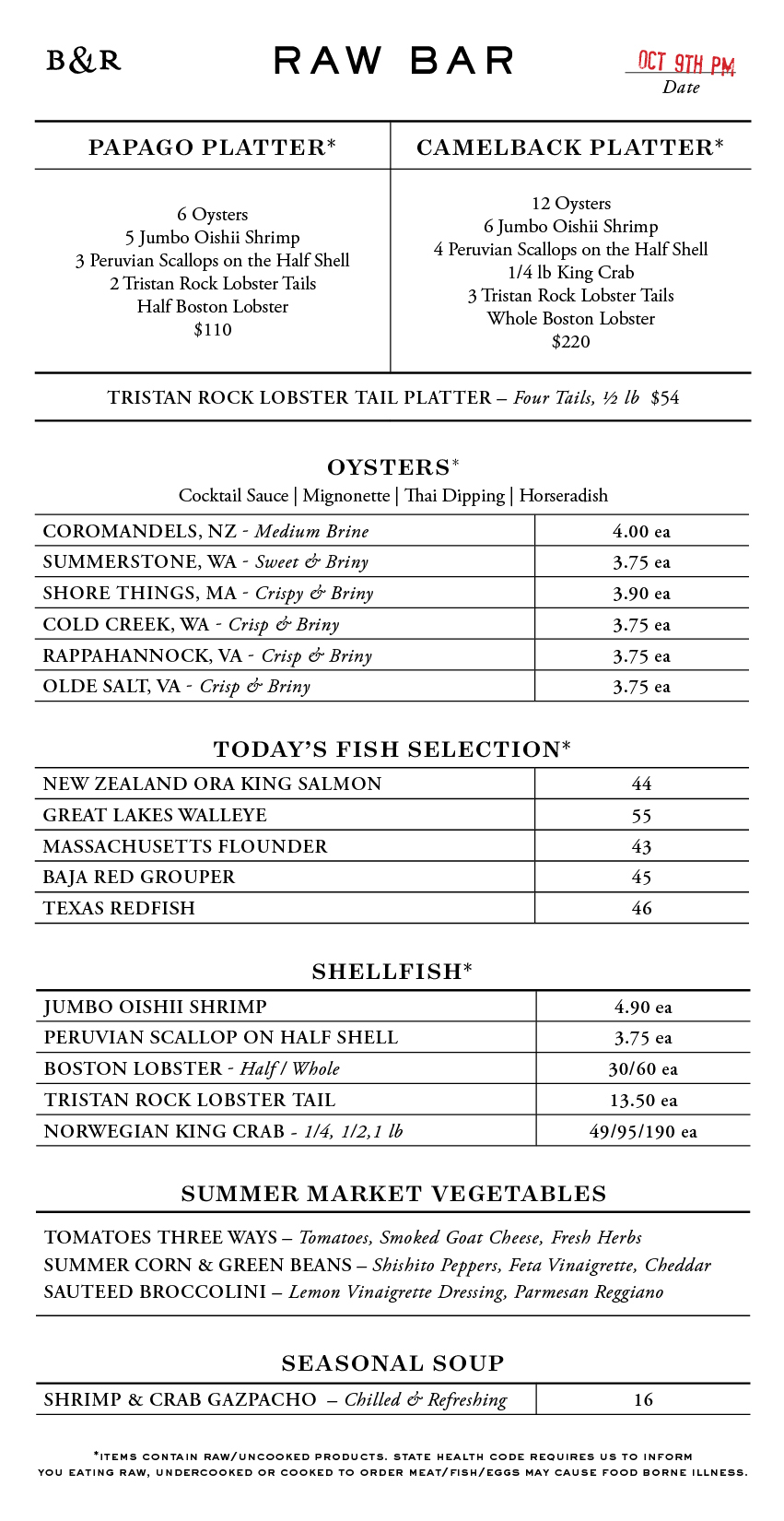 Raw Bar Menu
