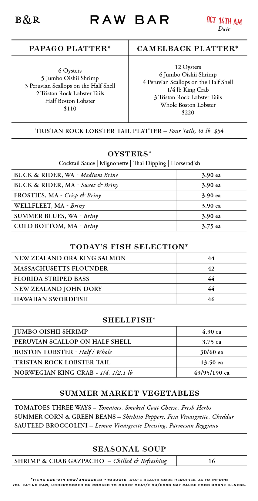 Raw Bar Menu