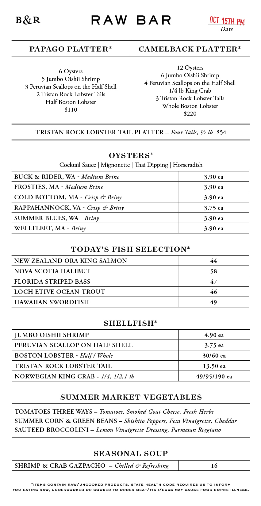 Raw Bar Menu